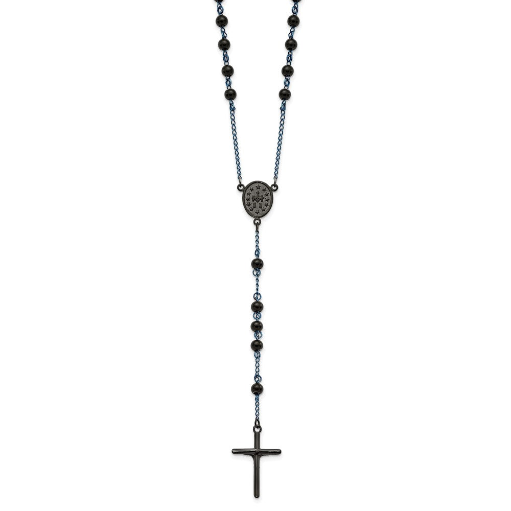 Stainless Steel Polished Black and Blue IP-plated Rosary 30 inch Necklace