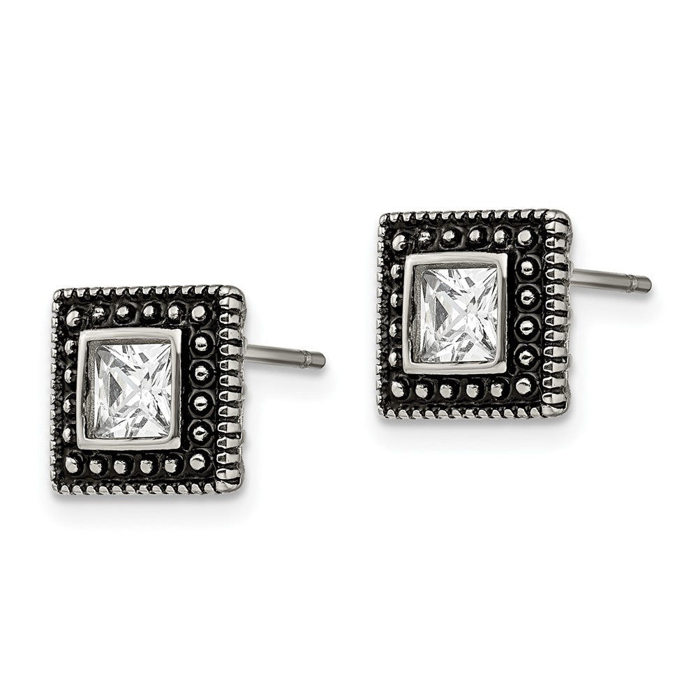 Stainless Steel Antiqued and Polished CZ Square Post Earrings