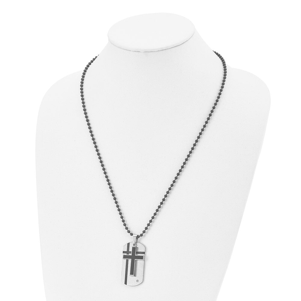 Stainless Steel Brushed w/Enamel & CZ 2 Piece Cross & Dog Tag Necklace