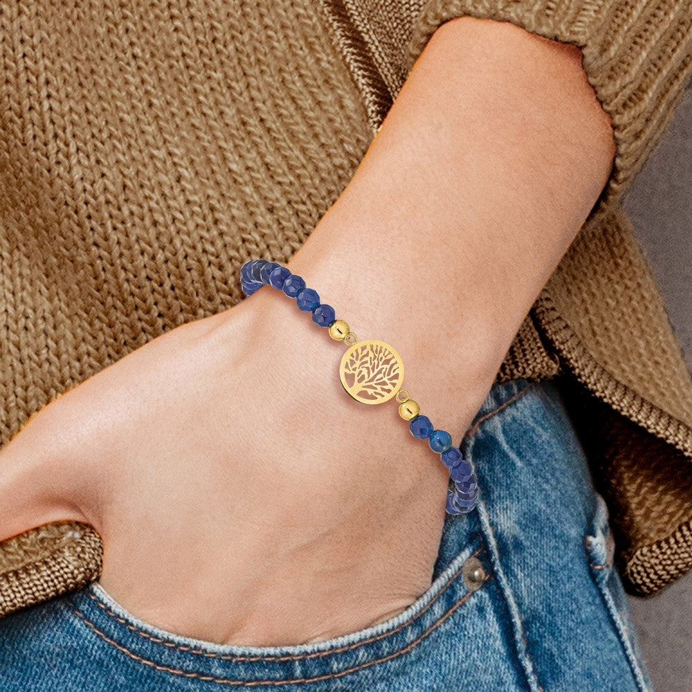 Stainless Steel Polished Yellow IP Tree of Life Blue Jade Stretch Bracelet 6.5 inches