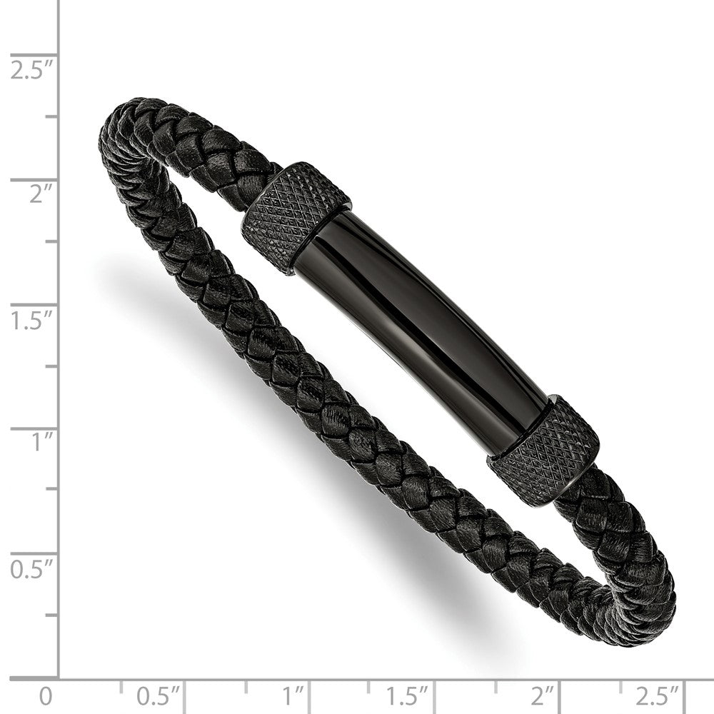 Stainless Steel Polished Black IP-plated Black Leather 8.25in Bracelet 8.25 inches