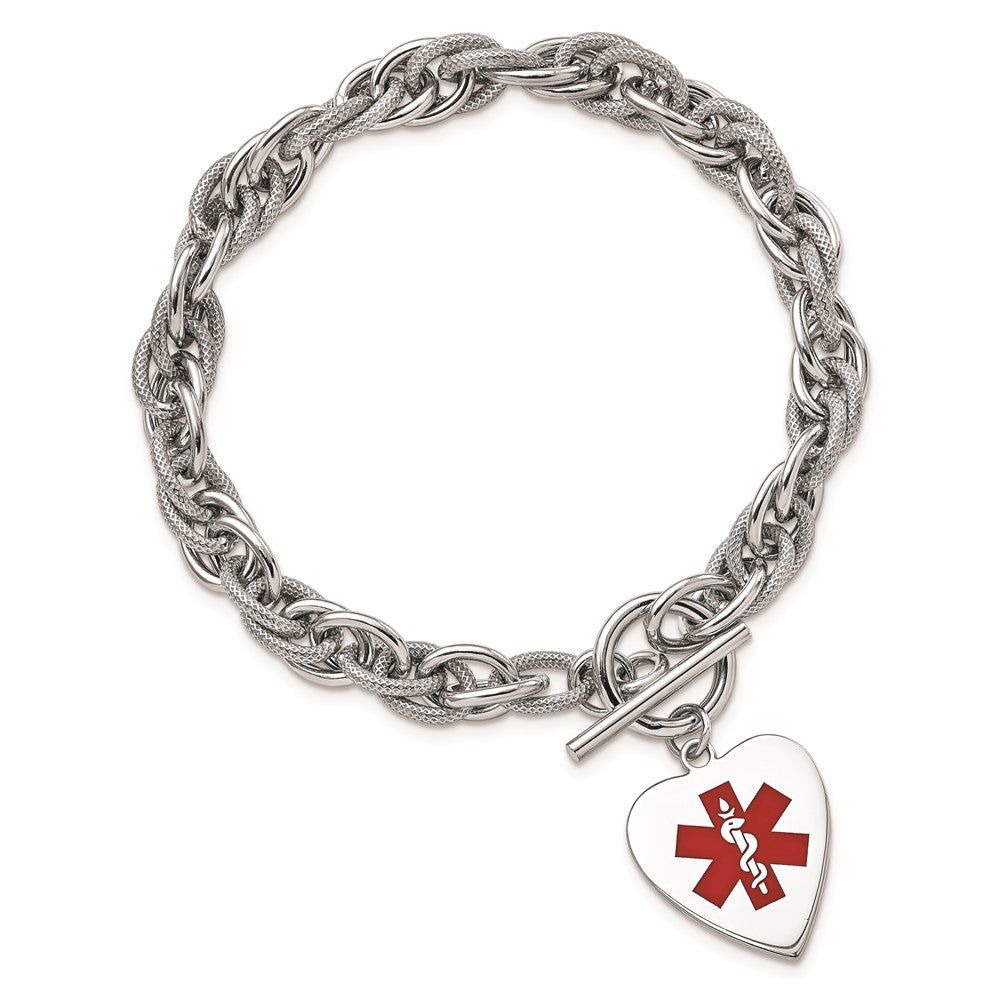 Sterling Silver Rhodium Engraveable Enamel Heart Medical ID Bracelet 7.75 inches