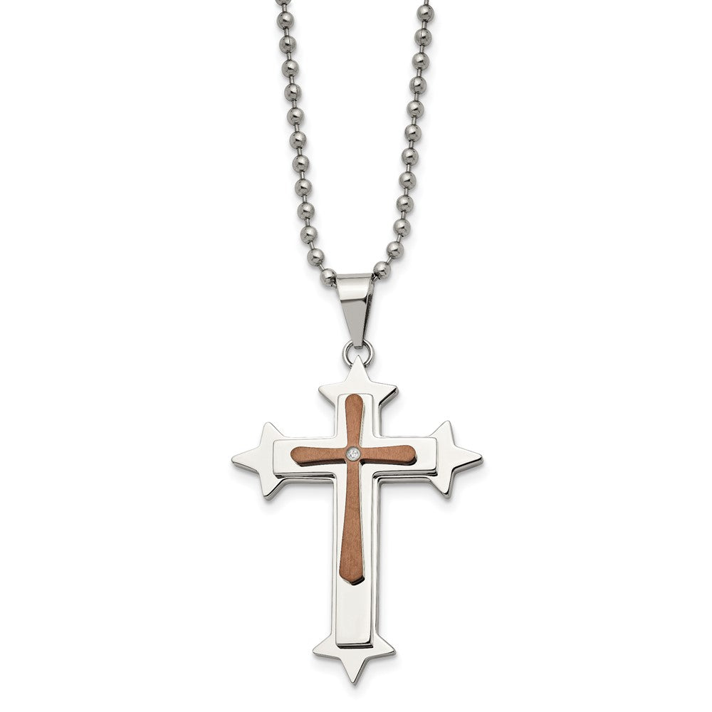Stainless Steel Polished Brown IP-plated w/Diamond Cross 24in Necklace