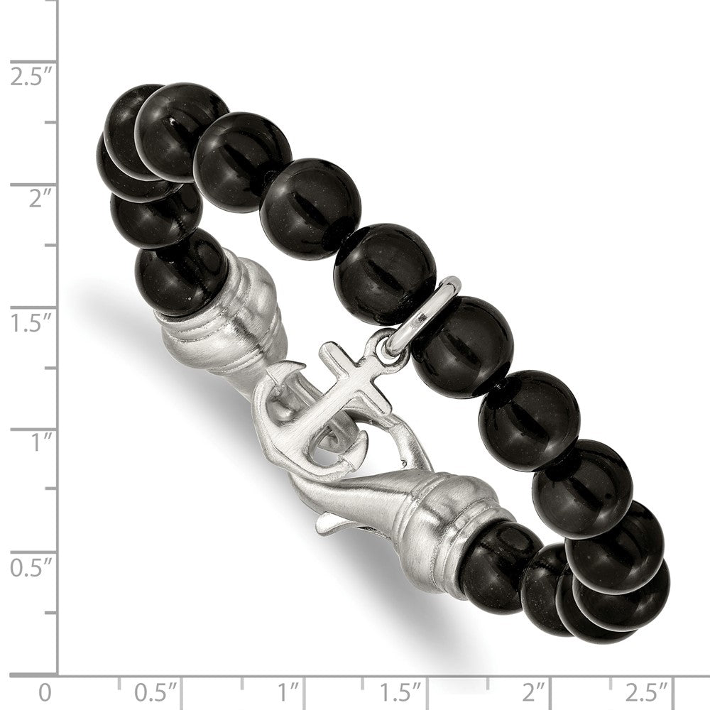 Stainless Steel Brushed Black Agate Beaded 8in Anchor Bracelet 8 inches