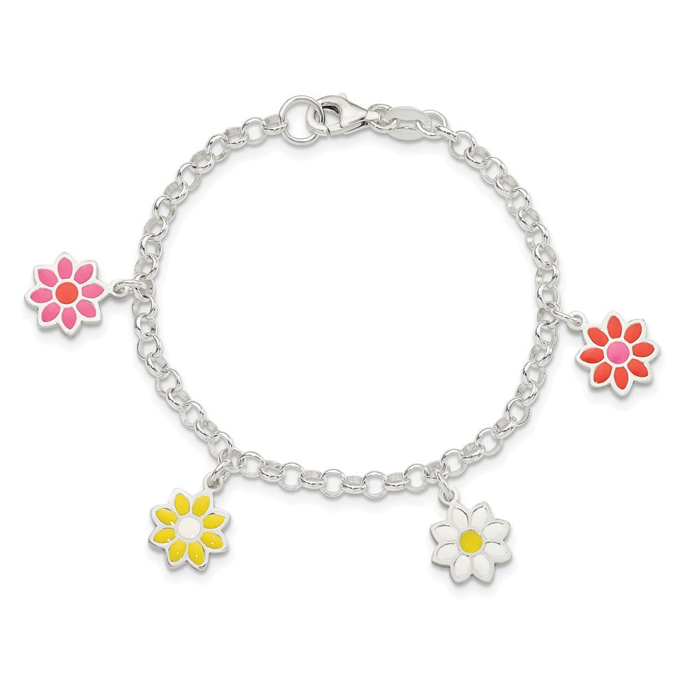 Sterling Silver Polished Multi-color Enamel Flowers Children's Bracelet 6 inches