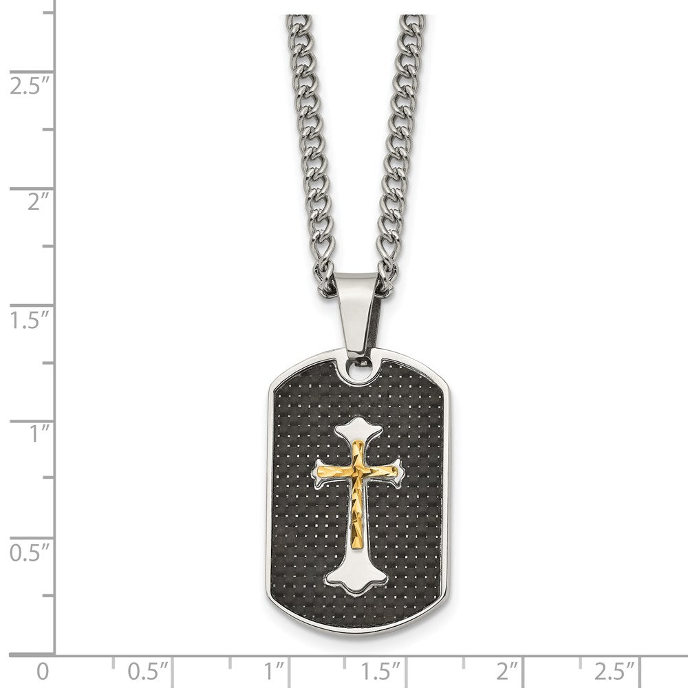 Stainless Steel w/Sterling & Carbon Fiber Inlay Yellow IP Cross Necklace