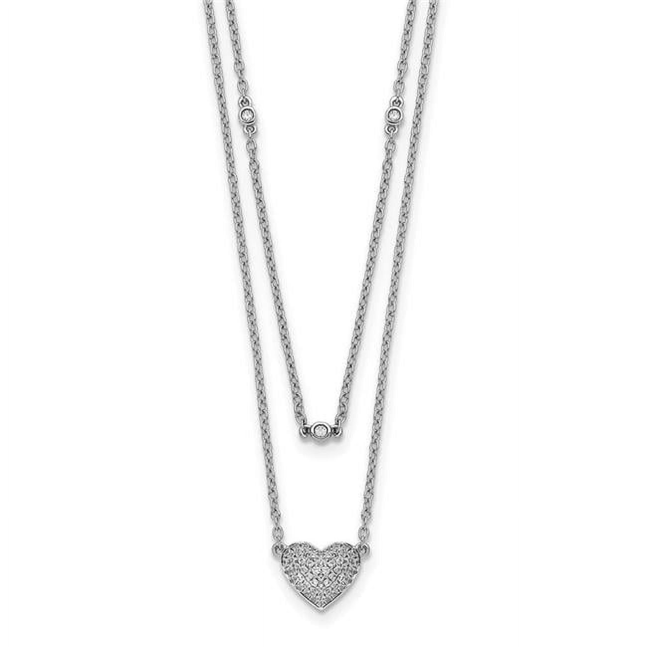 14k White Gold 1/5 carat Pave Diamond Double Strand Heart 18 inch Necklace