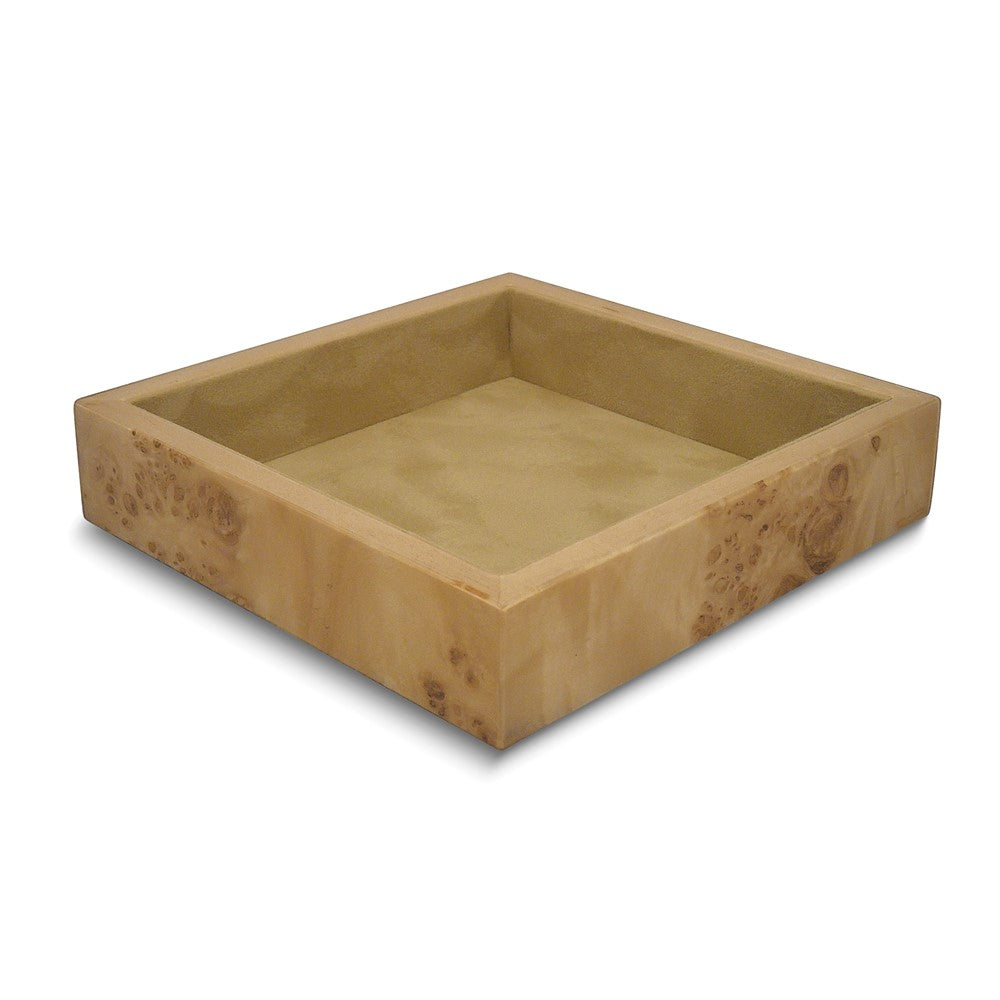 High Gloss Tan Burlwood Finish Felt Lined Square Wood Composite Valet Tray