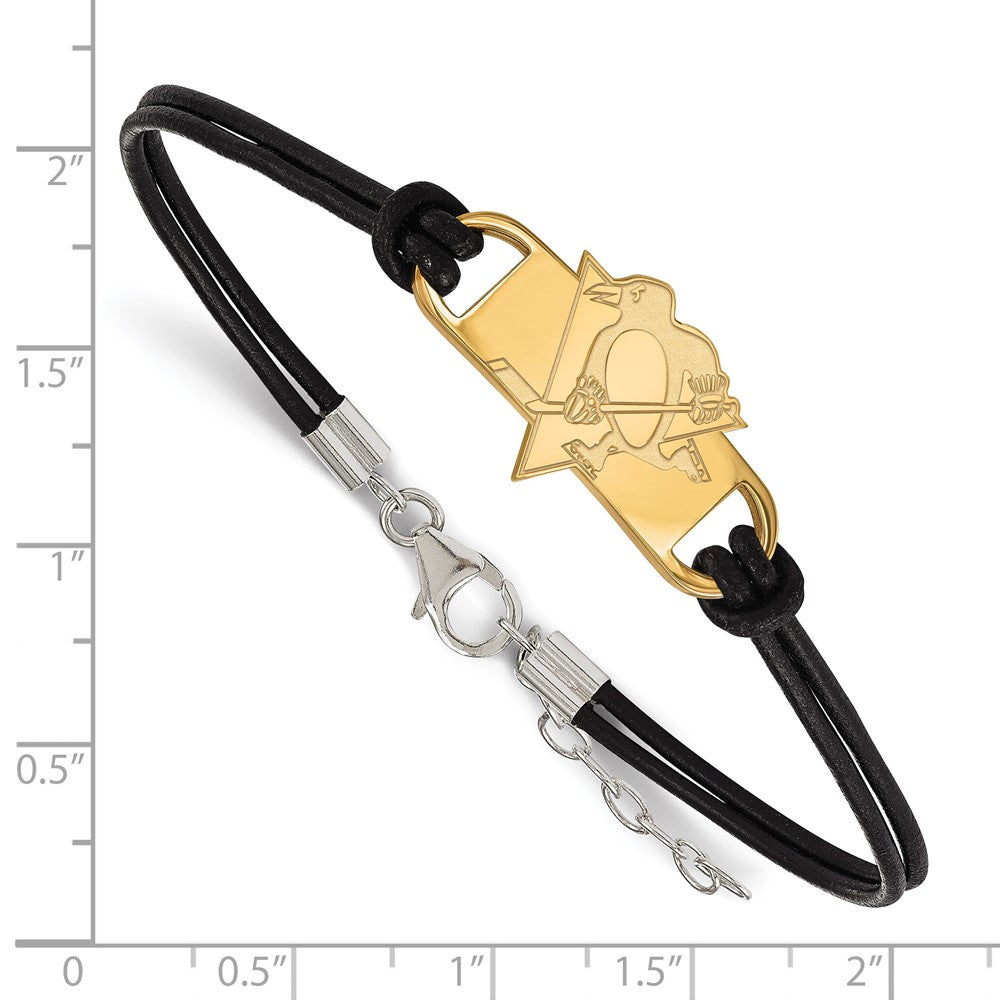 Sterling Silver Gold-plated NHL LogoArt Pittsburgh Penguins Small Center Black Leather 7 inch Bracelet with Extender