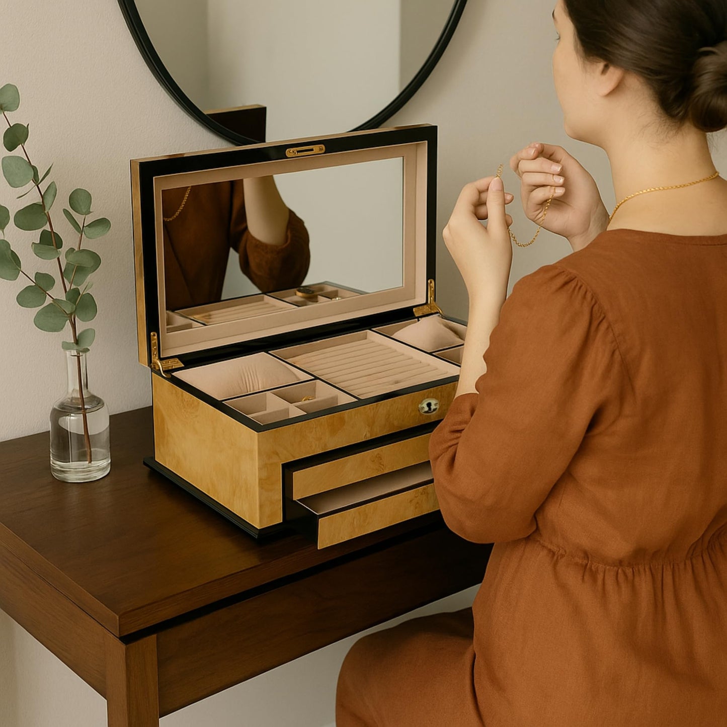 Birdseye Maple Lacquered Wood 3 Level Jewelry Box