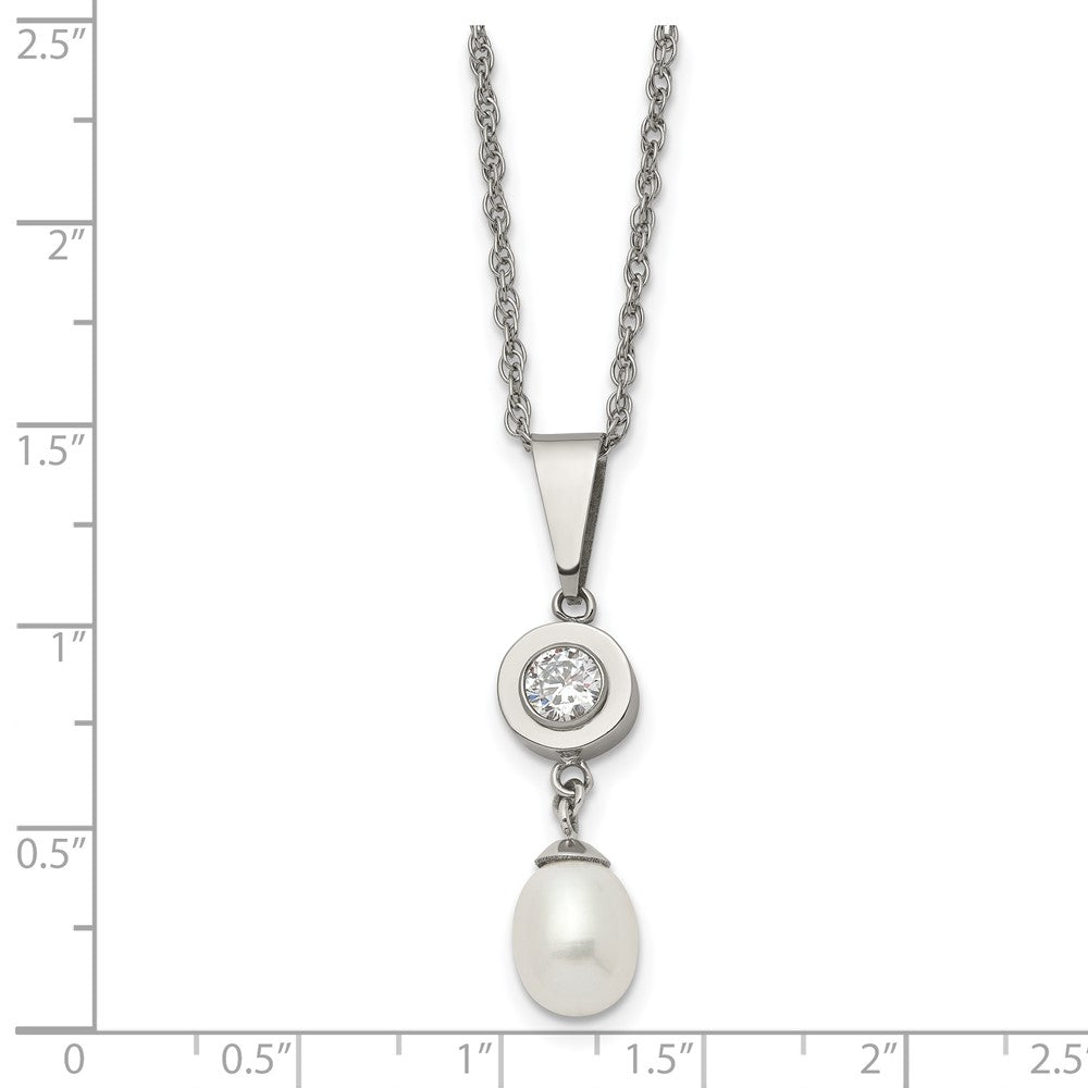 Titanium Polished w/CZ and Freshwater Cultured Pearl 22in Necklace