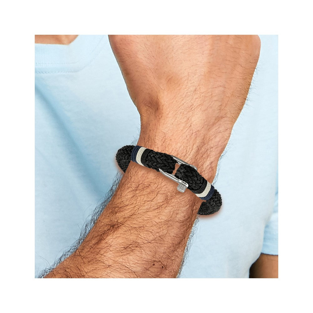 Stainless Steel Polished Woven Black Cotton 8.5in Bracelet 8.5 inches