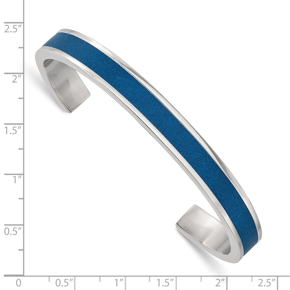 Stainless Steel Polished Blue Leather Inlay 8mm Cuff Bangle