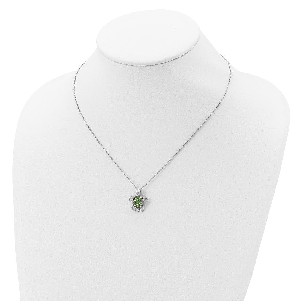 Cheryl M Sterling Silver Rhodium-plated Brilliant-cut Green Glass and Brilliant-cut White CZ Turtle 18 Inch Necklace 18 Inches