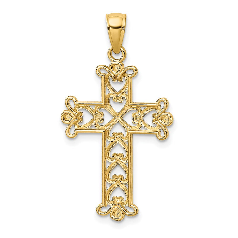 14K w/Rhodium Polished and Textured Beaded Cross Charm