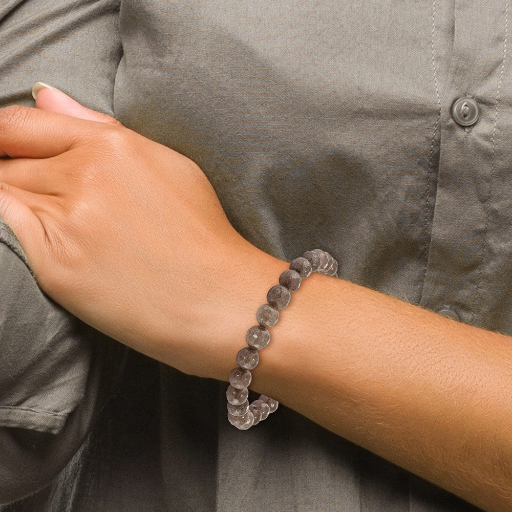 Stainless Steel Polished Brown Jade Bead Stretch Bracelet 7.25 inches