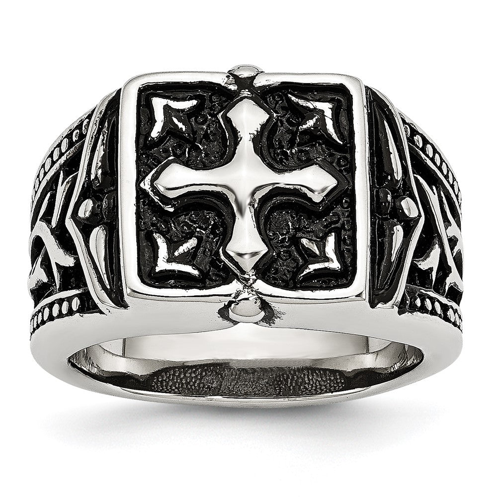 Stainless Steel Antiqued Polished & Textured Cross Ring Size - 10