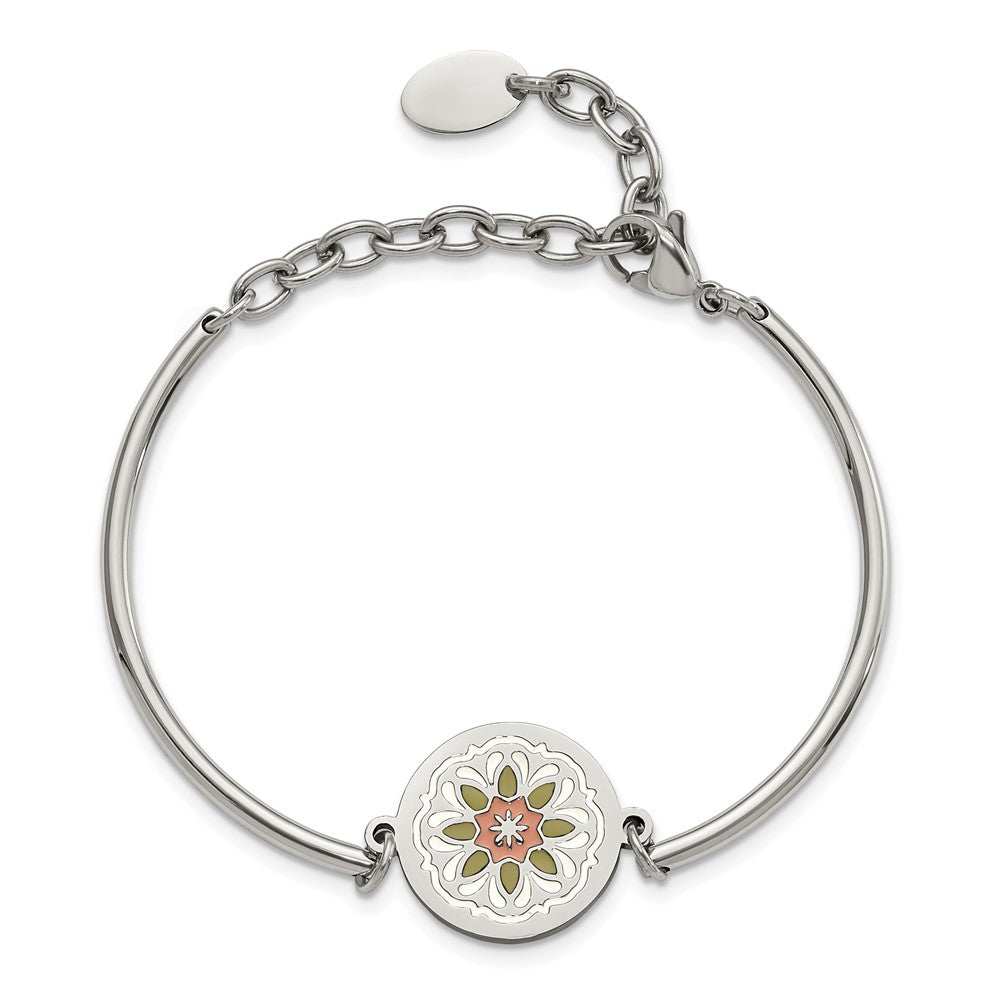Stainless Steel Polished Enameled Flower 5.5in w/2in ext Bracelet 5.5 inches