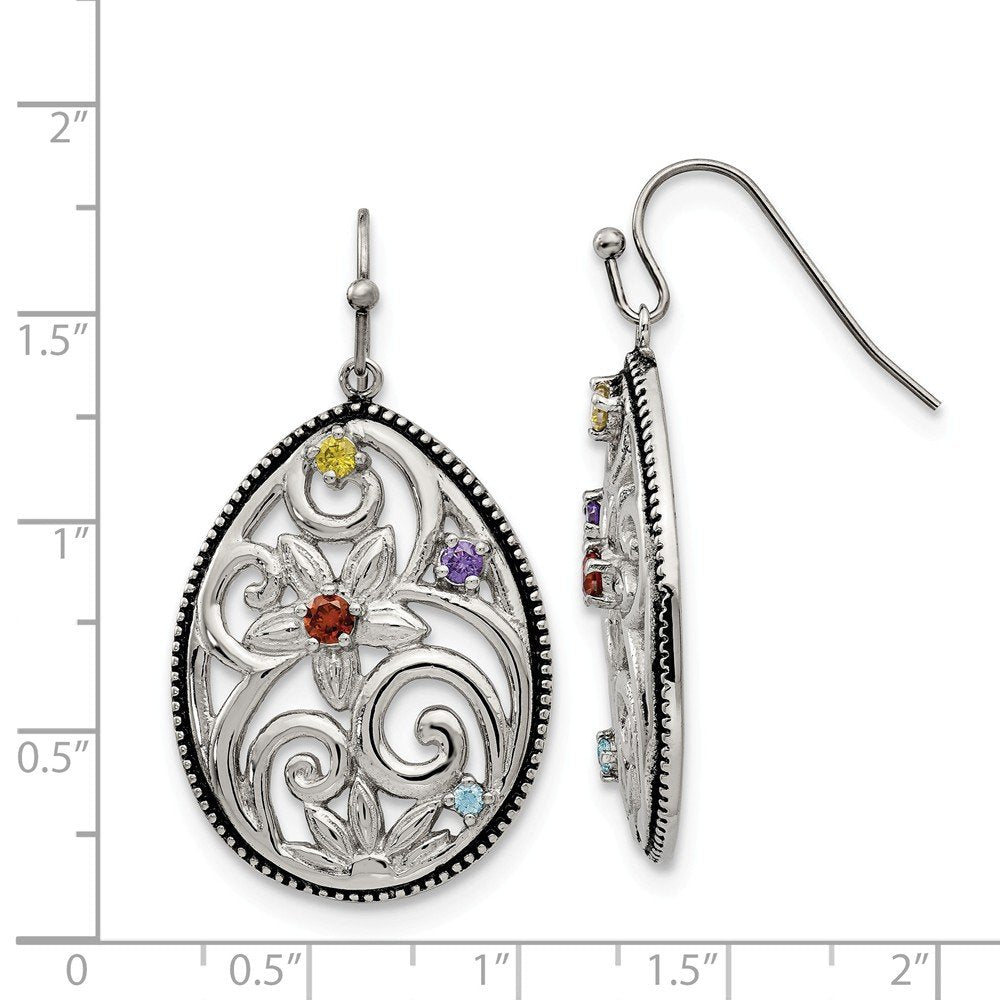 Stainless Steel Antiqued and Polished w/Multicolor CZ Dangle Earrings
