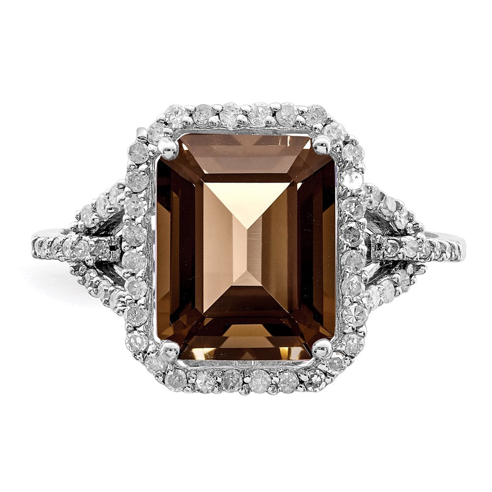 Sterling Silver Rhodium Octagonal Diam. & Smoky Quartz Ring