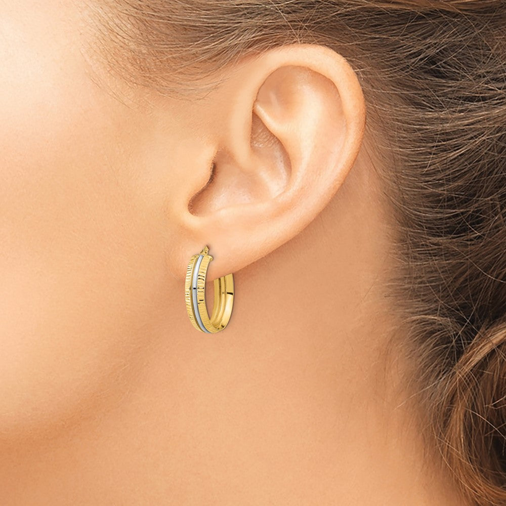 14K with White Rhodium Center Polished Oval Hoop Earrings