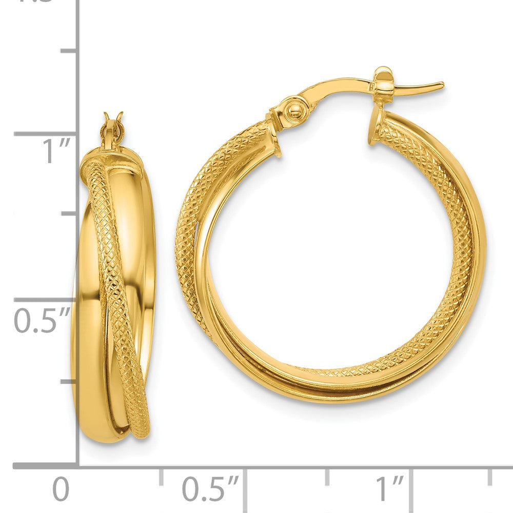 14K Polished and Textured Round Hoop Earrings