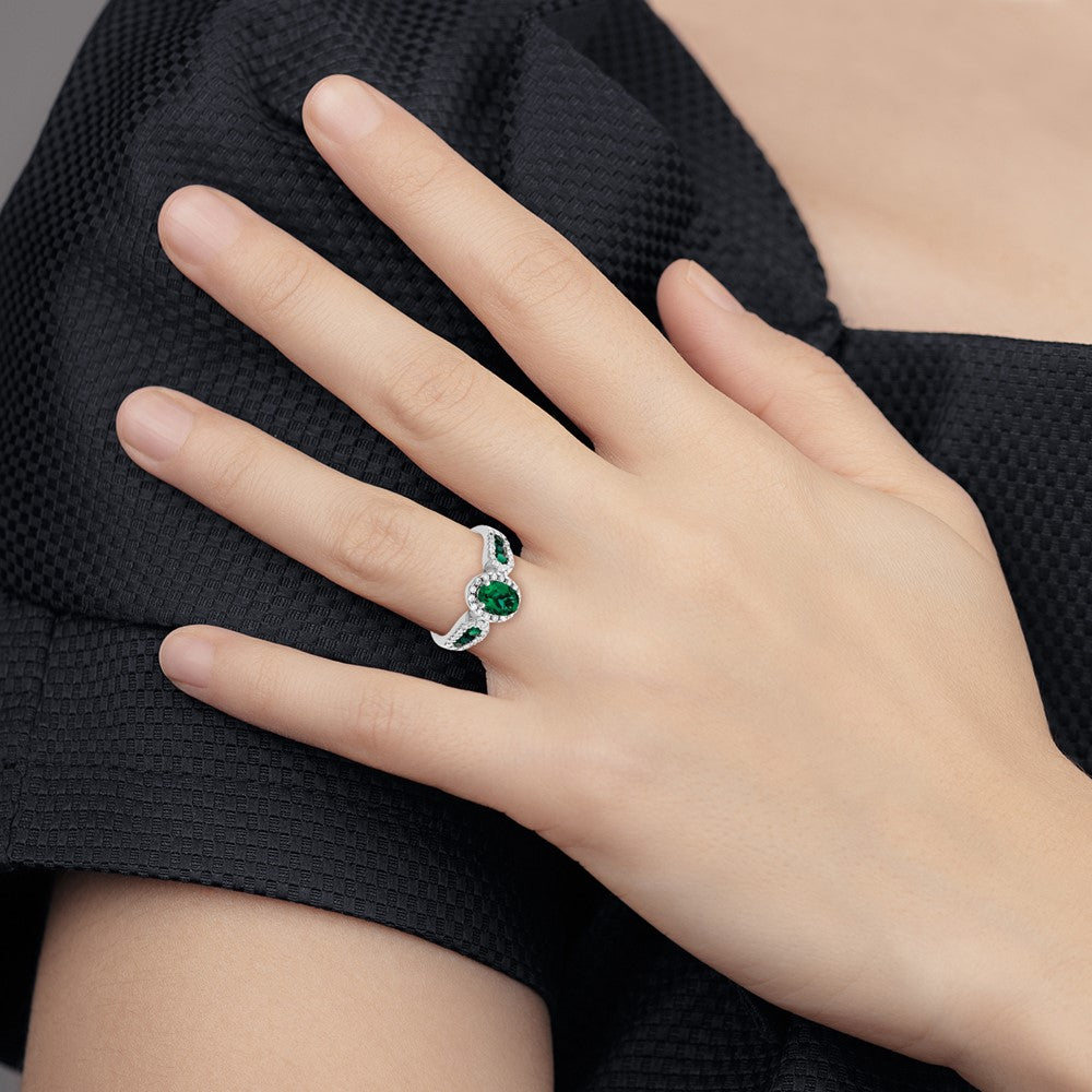 10k White Gold 1/3 carat Lab Grown Diamond VS/SI+ G+ and Oval Lab Created Emerald Ring