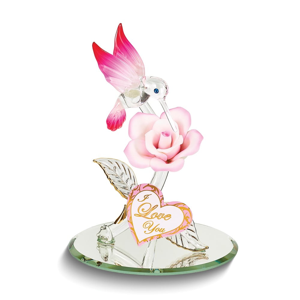 I LOVE YOU Pink Hummingbird and Rose Handcrafted Glass Figurine QGM21714
