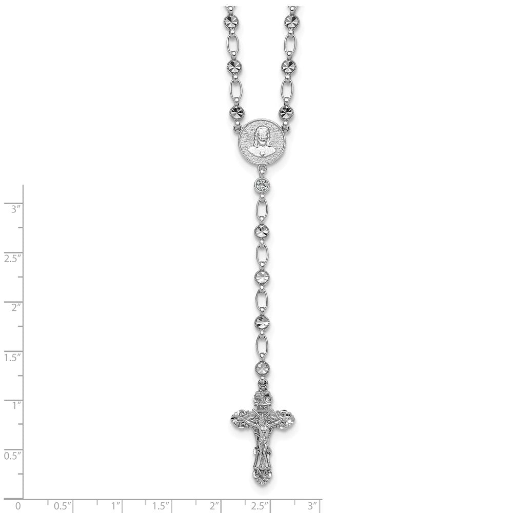 Sterling Silver Rhodium-plated Polished CZ and Diamond-cut Circles 25.5 inch Rosary Necklace