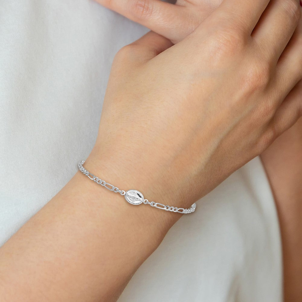 Sterling Silver RH-plated Miraculous Medal 7.25in w/1in ext. Bracelet