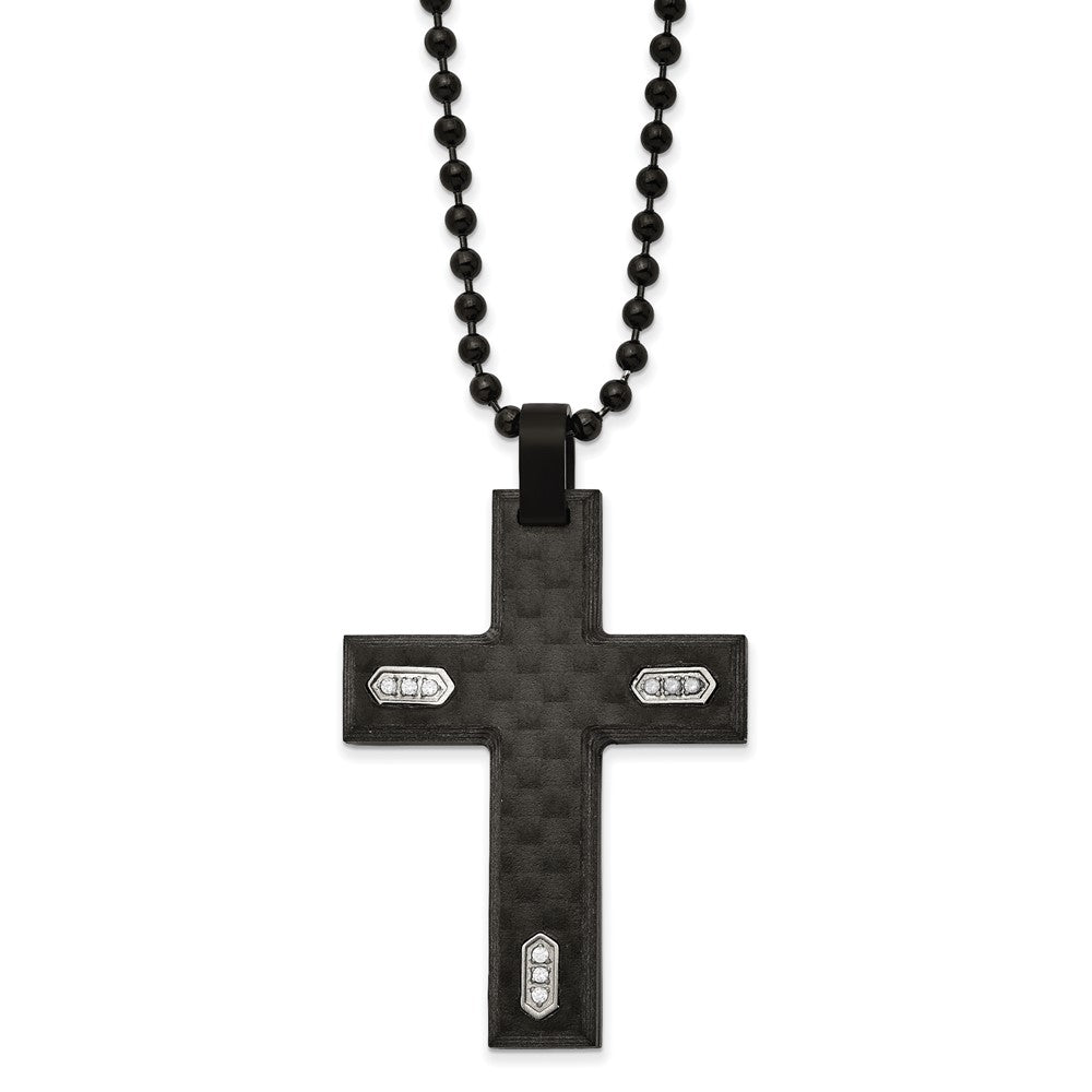 Stainless Steel Brushed Black IP & Carbon Fiber w/CZ Cross 24in Necklace