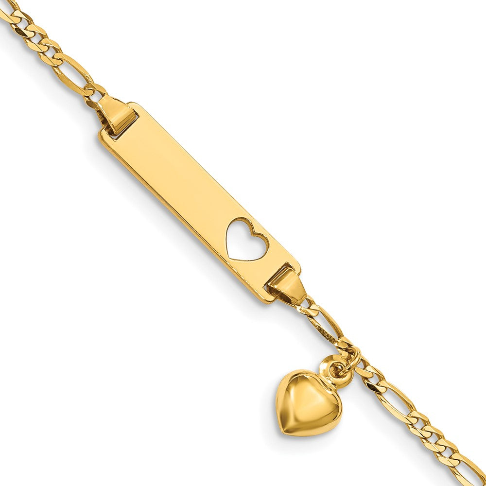 14k Cut-out Heart w/Dangling Heart Children's Figaro Link ID Bracelet 6 inches