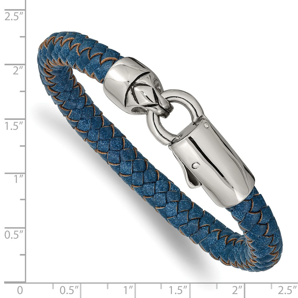 Stainless Steel Antiqued and Polished Blue Leather 8.25in Bracelet 8.25 inches