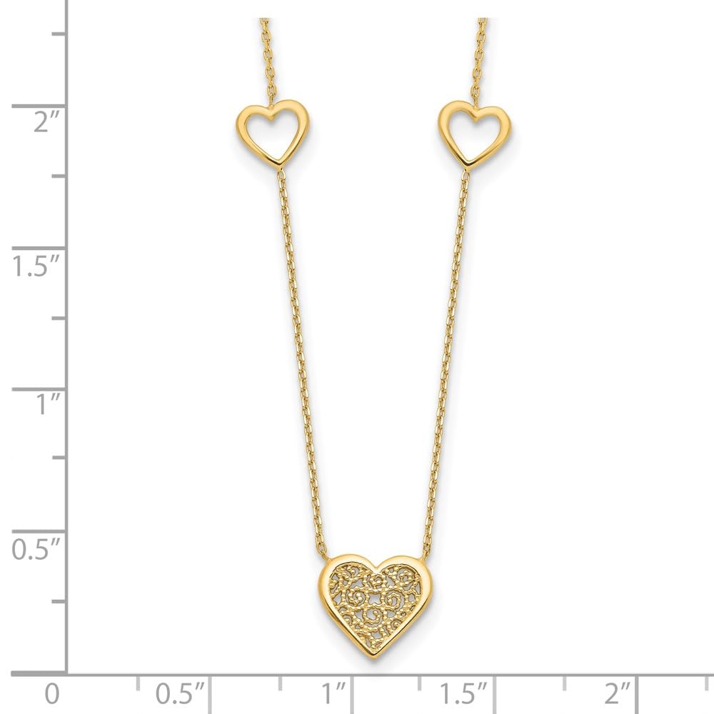 14k Gold Polished and Filigree Heart Stations with 1in. Extension Necklace