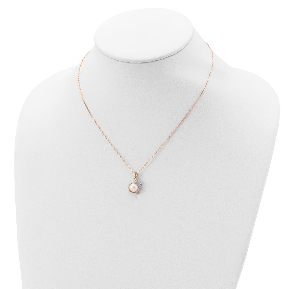 Sterling Silver Rose-tone 18k Flash Gold-plated 7-8mm Button Freshwater Cultured Pearl Heart 17 inch Necklace 17 Inches