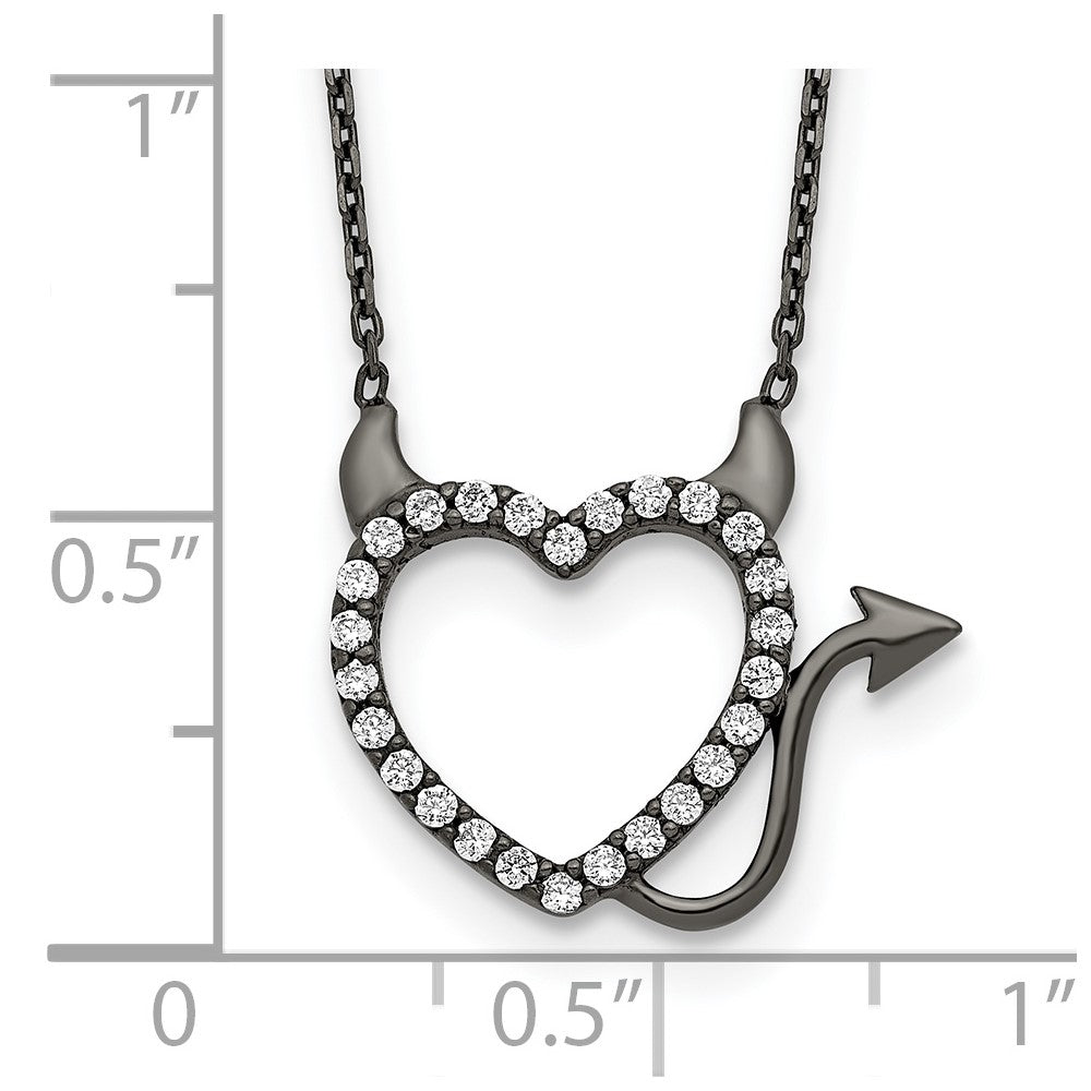 Sterling Silver Black Ruthenium Plated Devil Heart CZ 16 inch Necklace 16 Inches