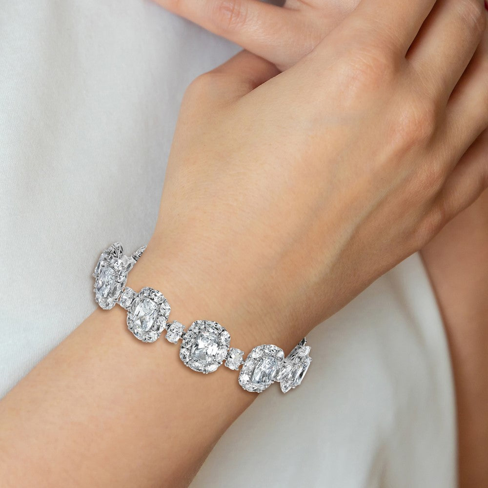 Cheryl M Sterling Silver Rhodium-plated Polished Fancy Cushion-cut CZ Halo Cluster with Safety Chain Bracelet 7 inches