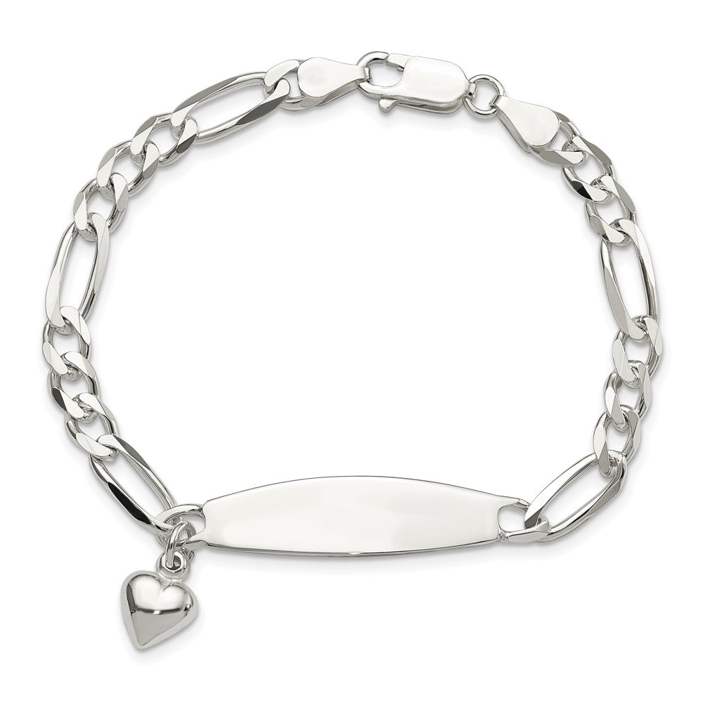 Sterling Silver Polished Figaro ID Heart Dangle 8.5in Bracelet