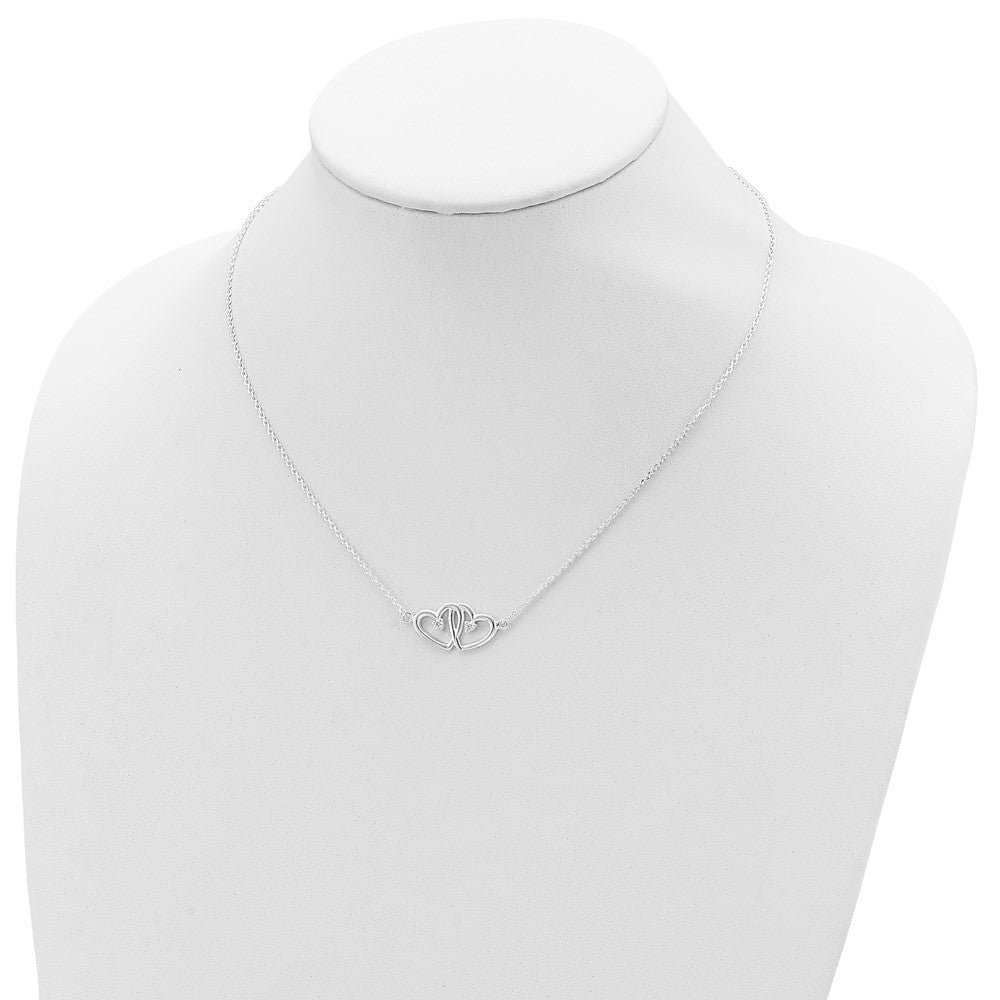 Sterling Silver Polished Two Hearts CZ Necklace 18 Inches