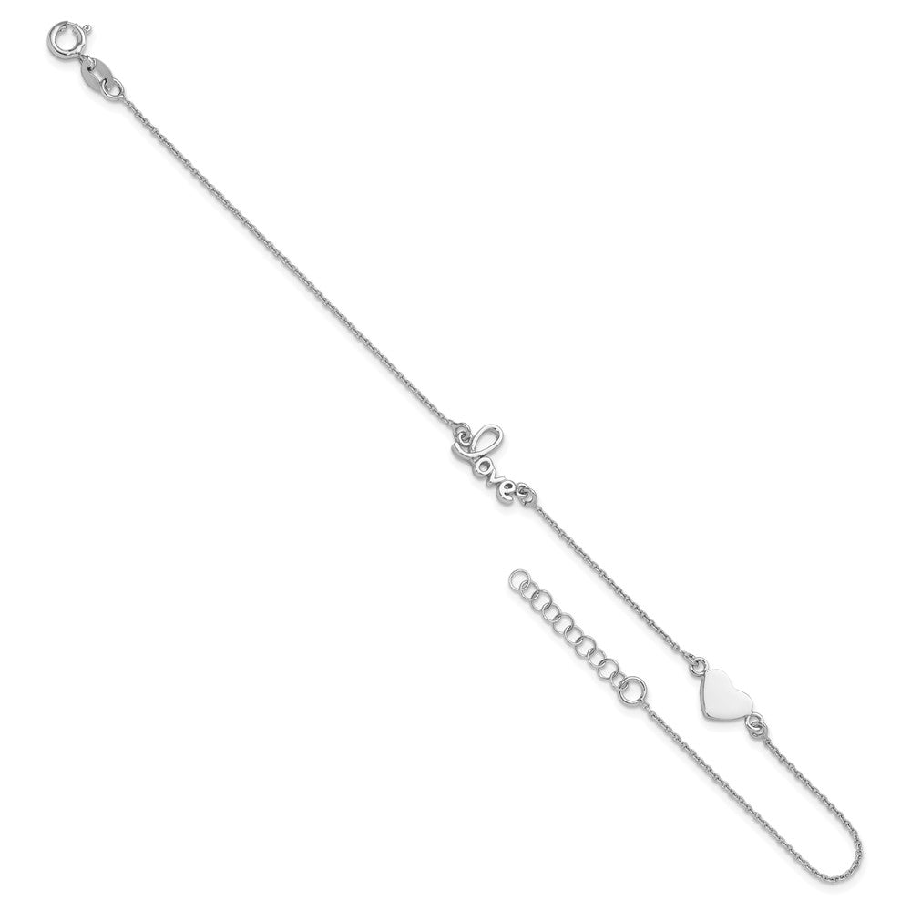 Sterling Silver Rhodium-plated Heart and LOVE 9in Plus 1in ext. Anklet 9 inches