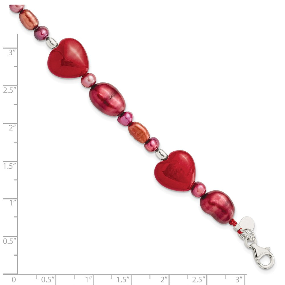 Sterling Silver Red Jade Hearts/FW Cultured Pearl Bracelet 7.5 inches