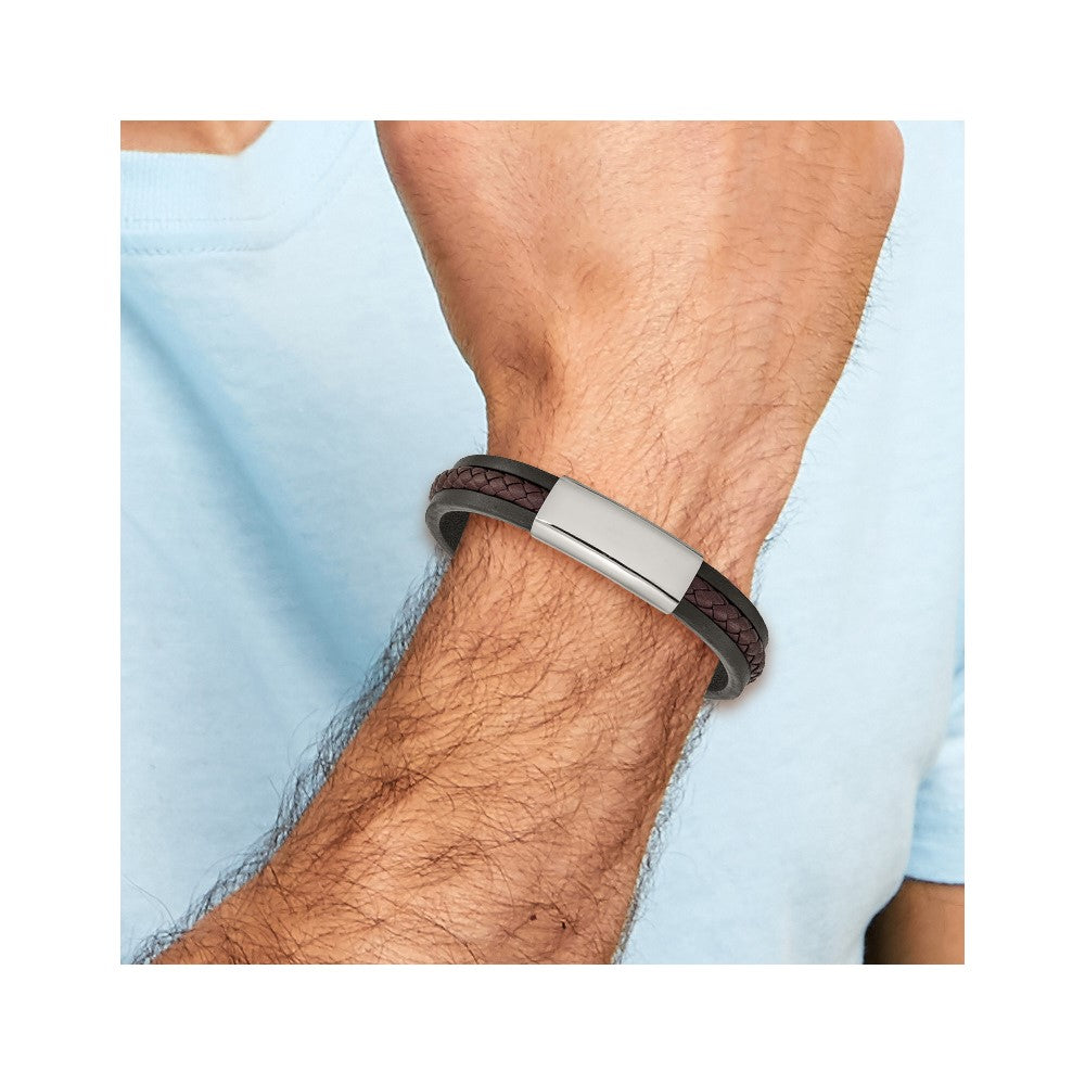 Stainless Steel Polished Black & Brown Braided Leather 8.25in ID Bracelet 8.25 inches