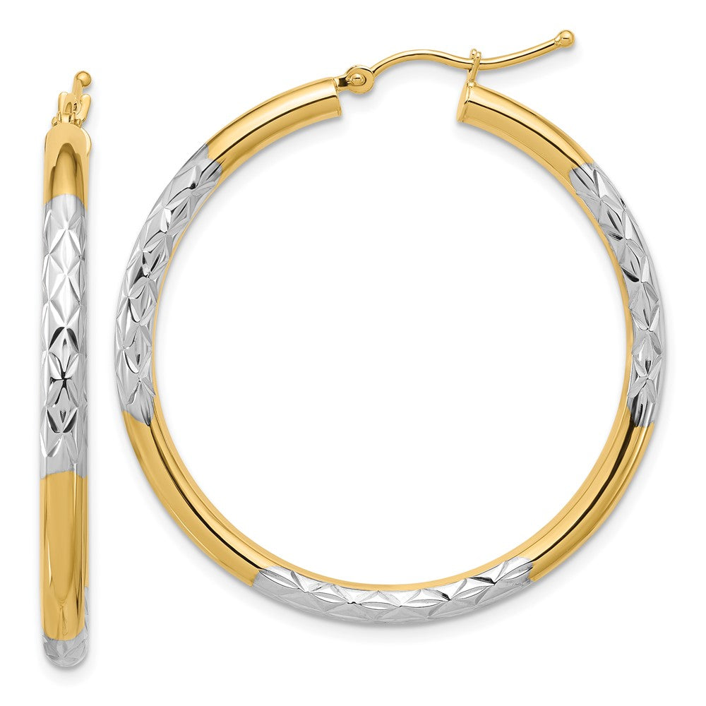 10K & Rhodium Diamond Cut 3mm Hoop Earrings