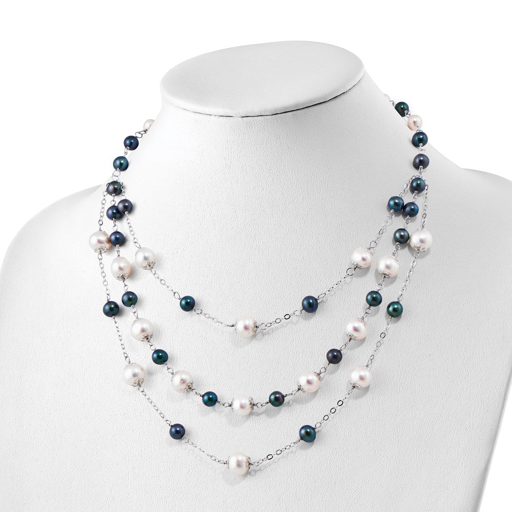 Sterling Silver Rhodium-plated 6-10mm White and Black Freshwater Cultured Pearl Layered 17 inch with 2 inch Extension Necklace 17 Inches