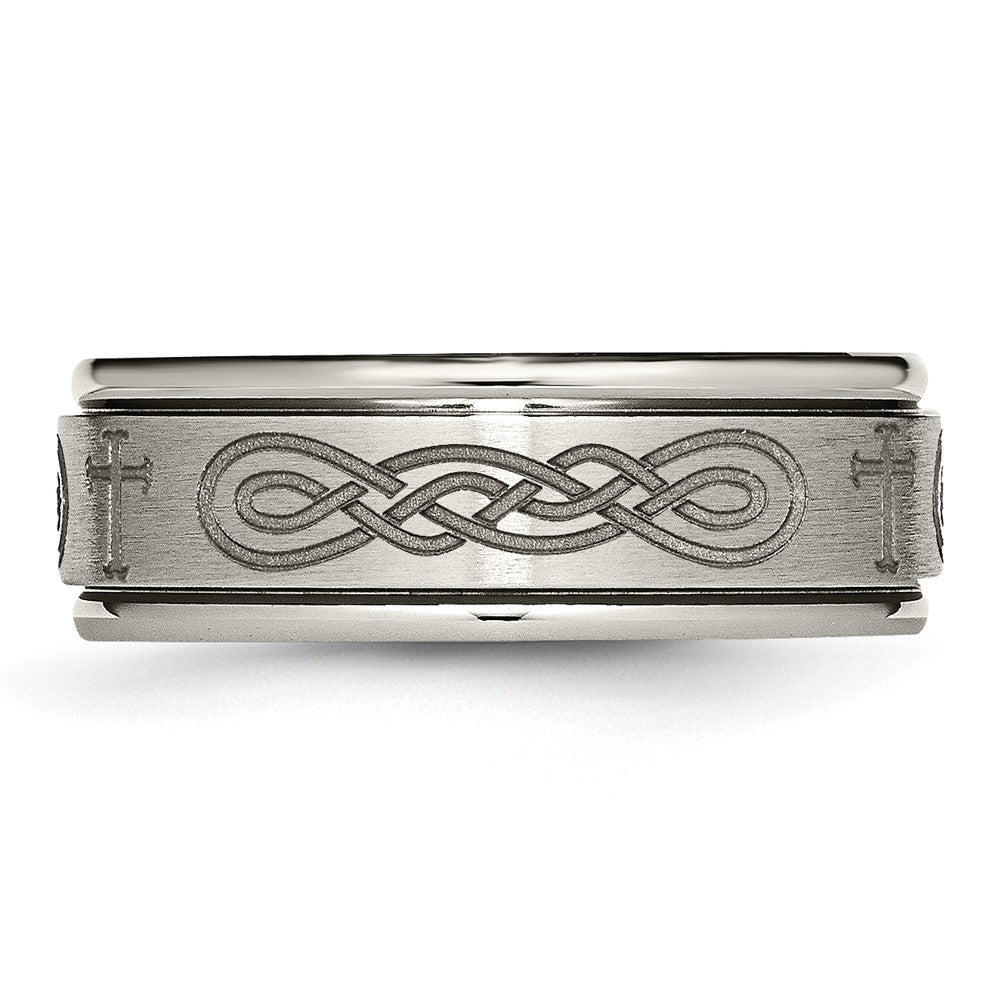 Titanium Brushed & Polished Cross Laser Design 8mm Ridged Edge Band Size - 8.5