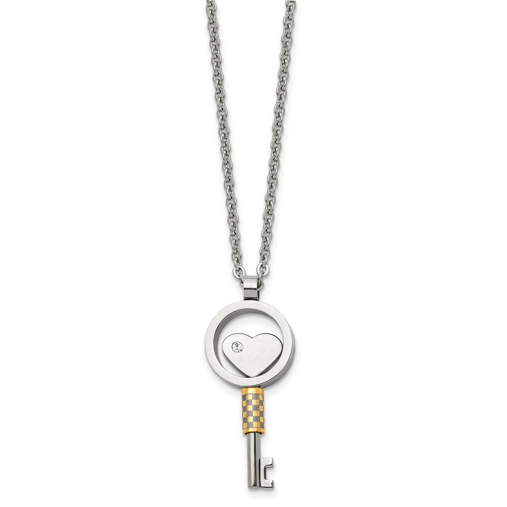 Stainless Steel Polished Yellow IP-plated w/CZ Heart Key 22in Necklace