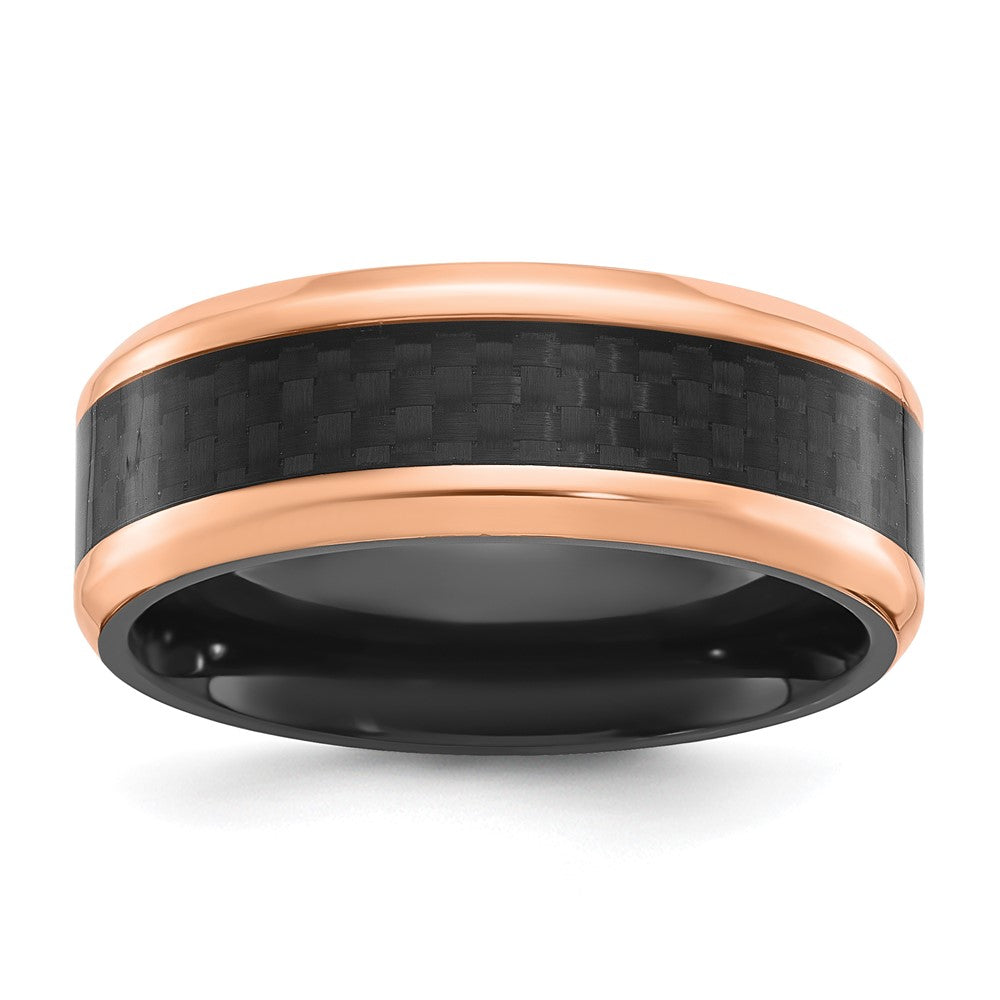 Chisel Black Zirconium Polished Rose IP-plated Edges with Black Carbon Fiber Inlay 8mm Band Size - 10.5