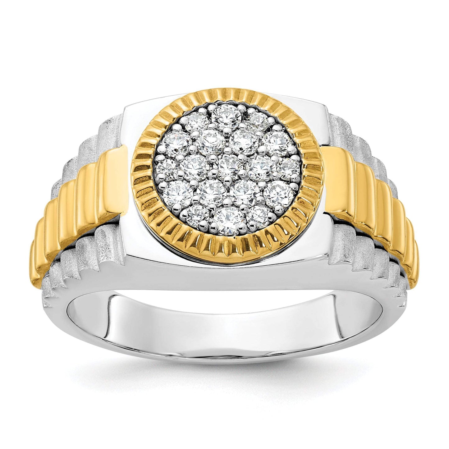 14k Two-tone Men's Polished Satin and Ribbed 1/2 Carat Lab Grown Diamond Round Cluster Ring