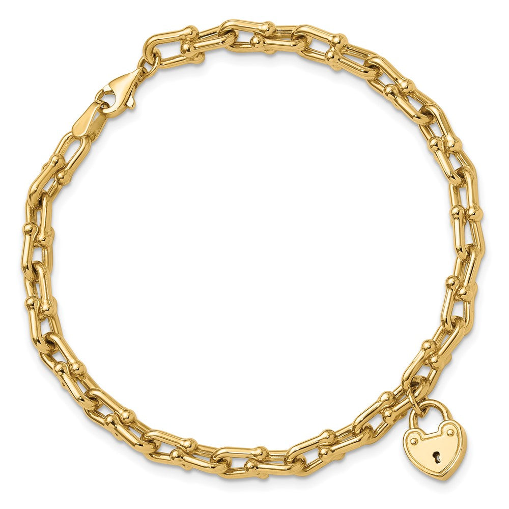 14K Polished Heart Lock Charm Fancy Link 7.5 inch Bracelet
