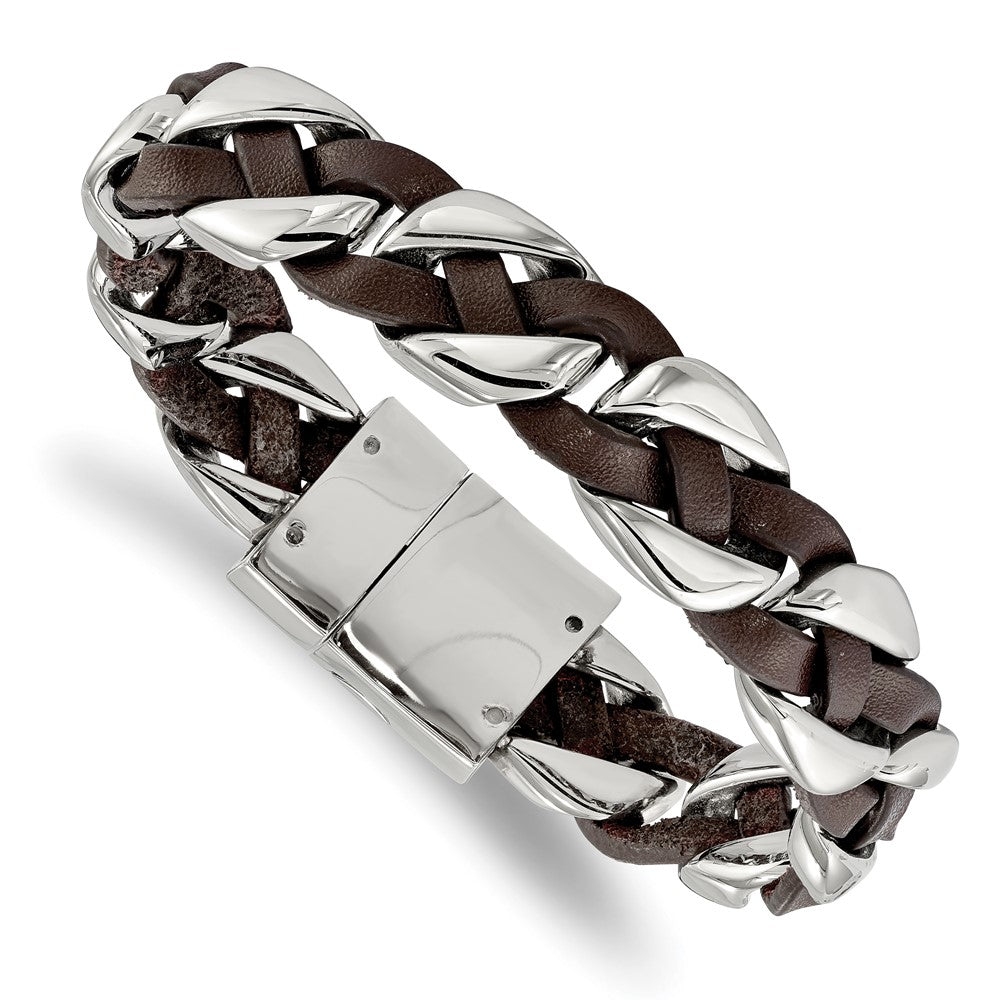 Stainless Steel Polished with Brown Leather Braided 8.5in Bracelet 8.5 inches
